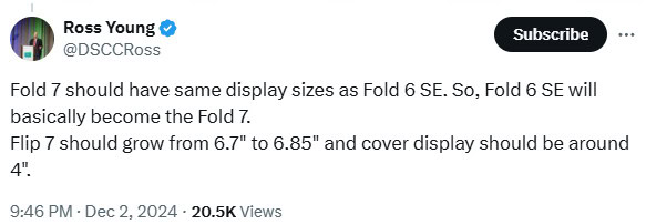 Ross Young Galaxy Z Fold 7 screen sizes