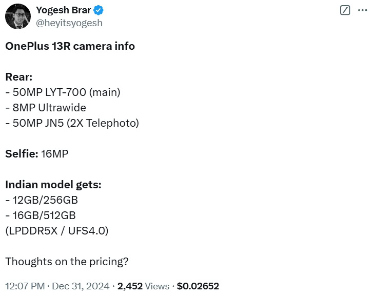 Yogesh Brar on the OnePlus 13R specs