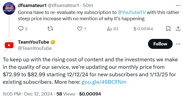 Youtube TV price increase