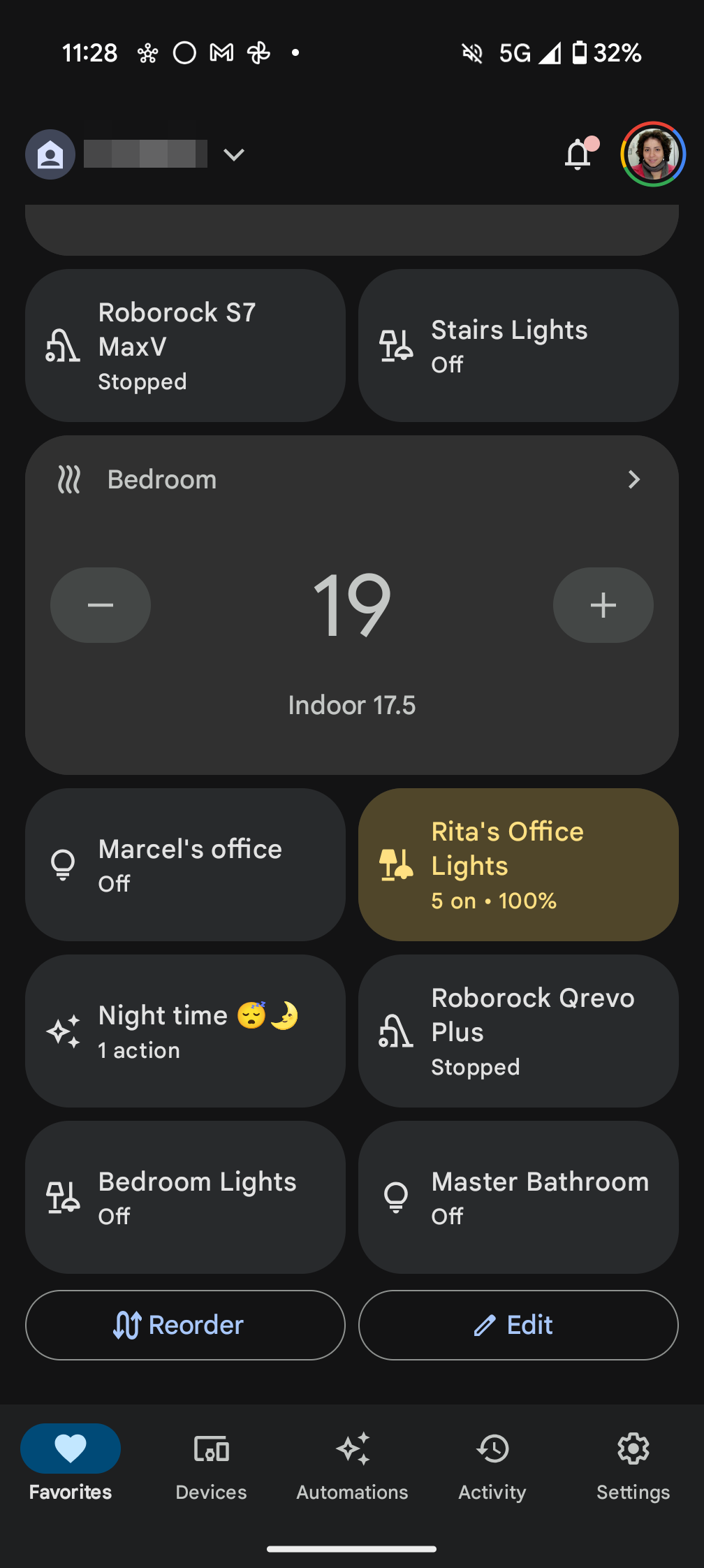 Google Home app favorites tab bottom