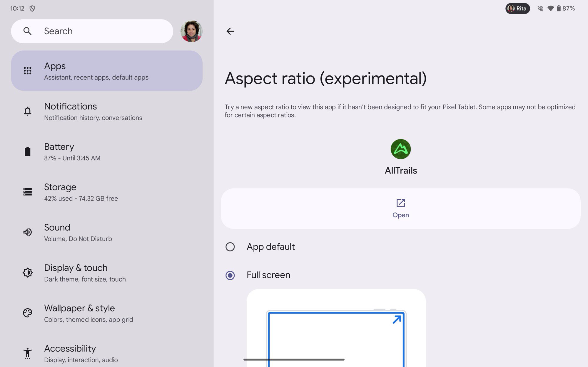 pixel tablet alltrails app fullscreen aspect ratio setting