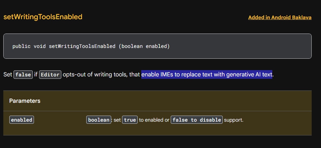 setWritingToolsEnabled method in Android 16