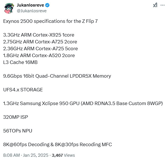 Exynos 2500 specs via Jukanlosreve