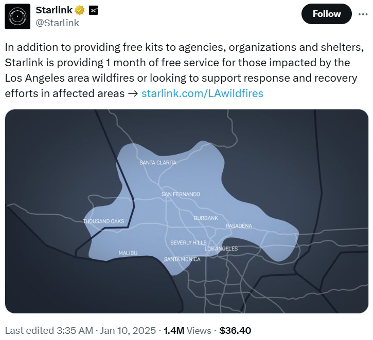 Free Starlink service in LA wildfire regions