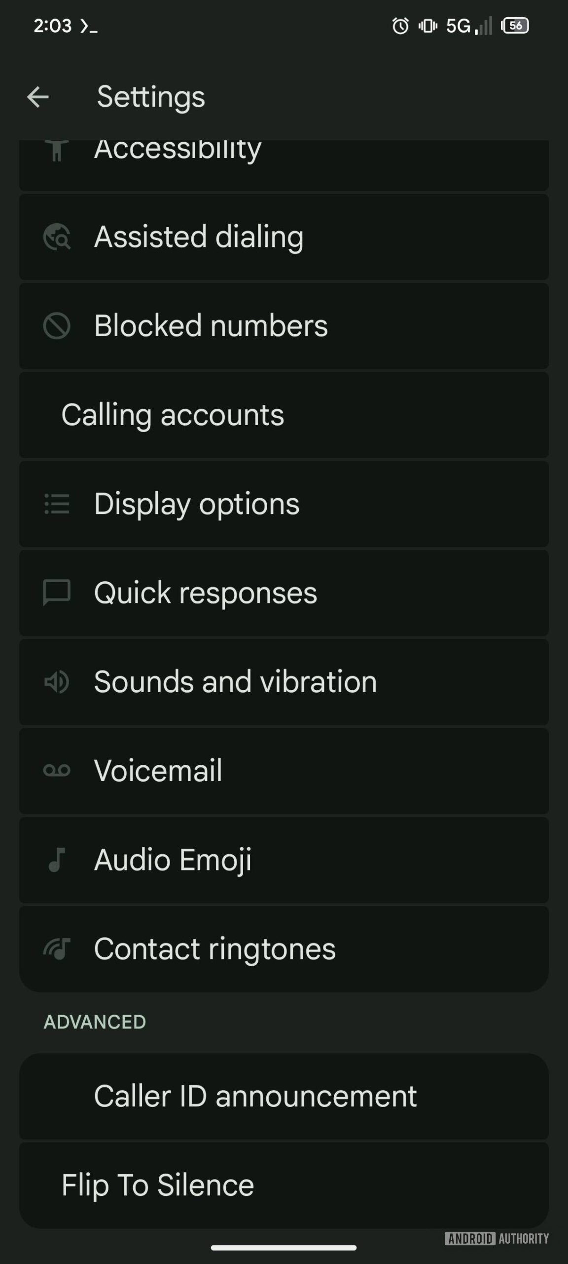 Google Phone app redesigned settings menu dark theme 1