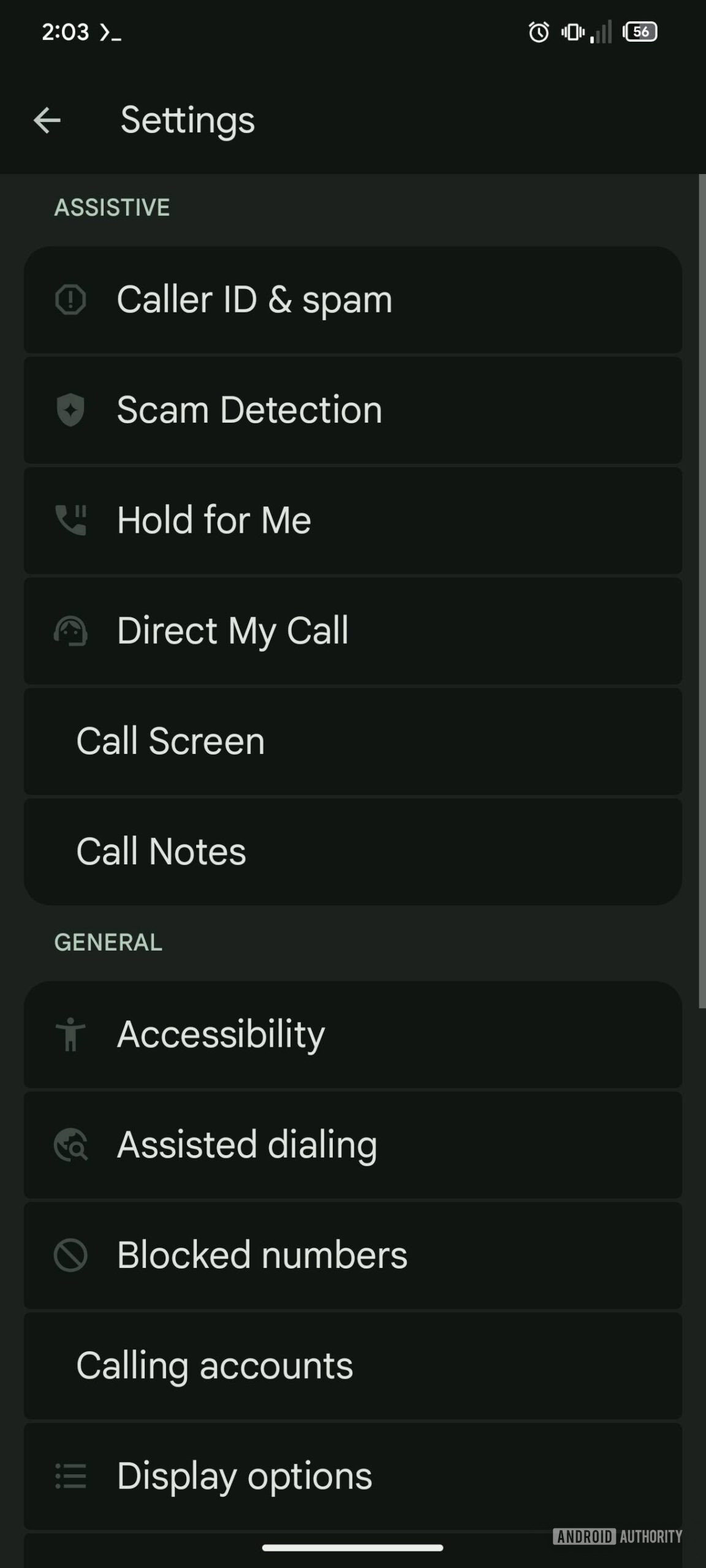 Google Phone app redesigned settings menu dark theme 2