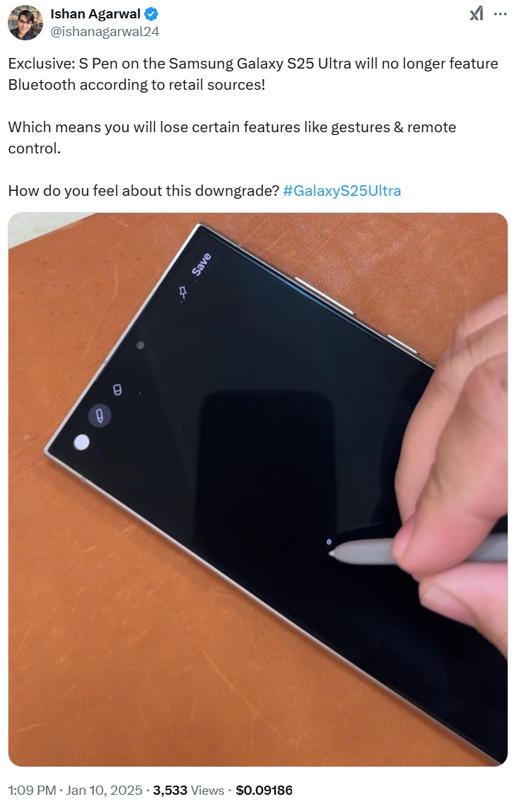 Ishan Agarwal on Galaxy S25 Ultra losing Bluetooth on S Pen