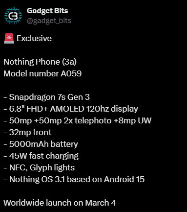 Nothing Phone 3a specs gadget bits twitter