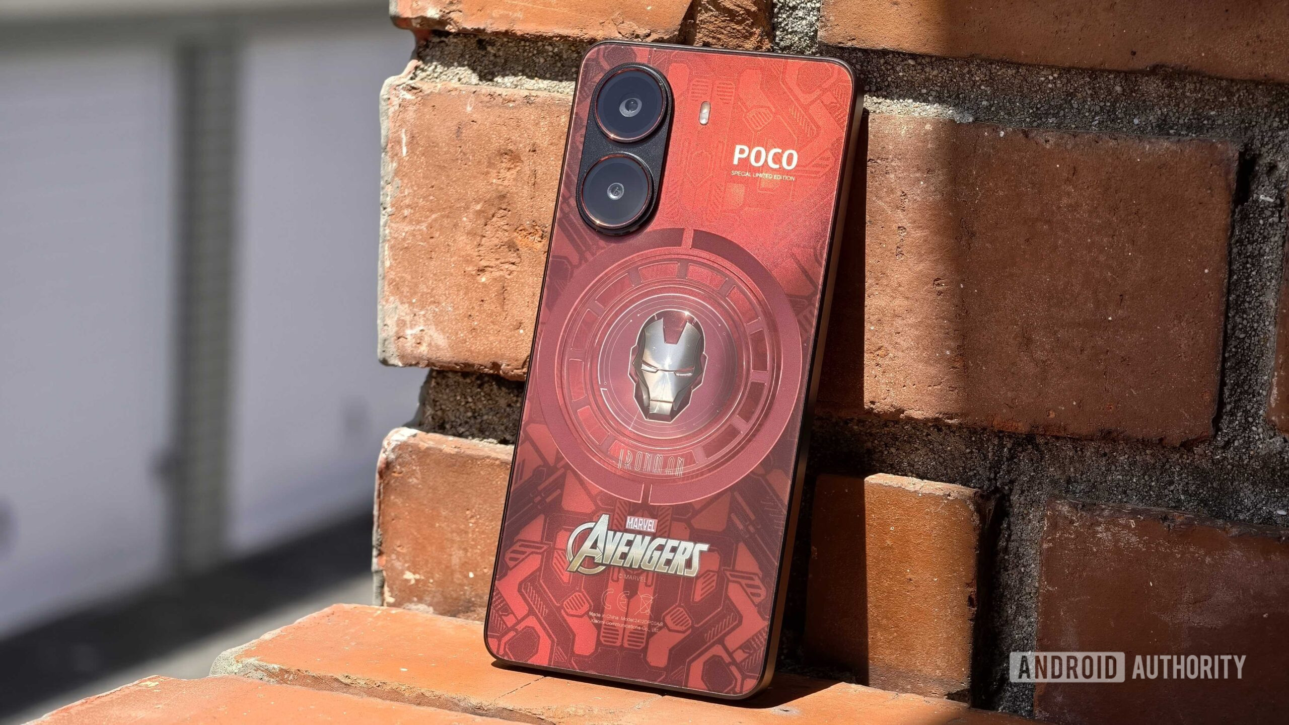 Poco X7 Pro back leaning on brick