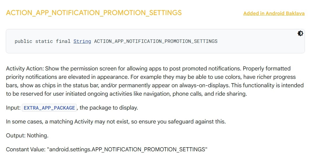 Promoted notifications documentation in Android 16