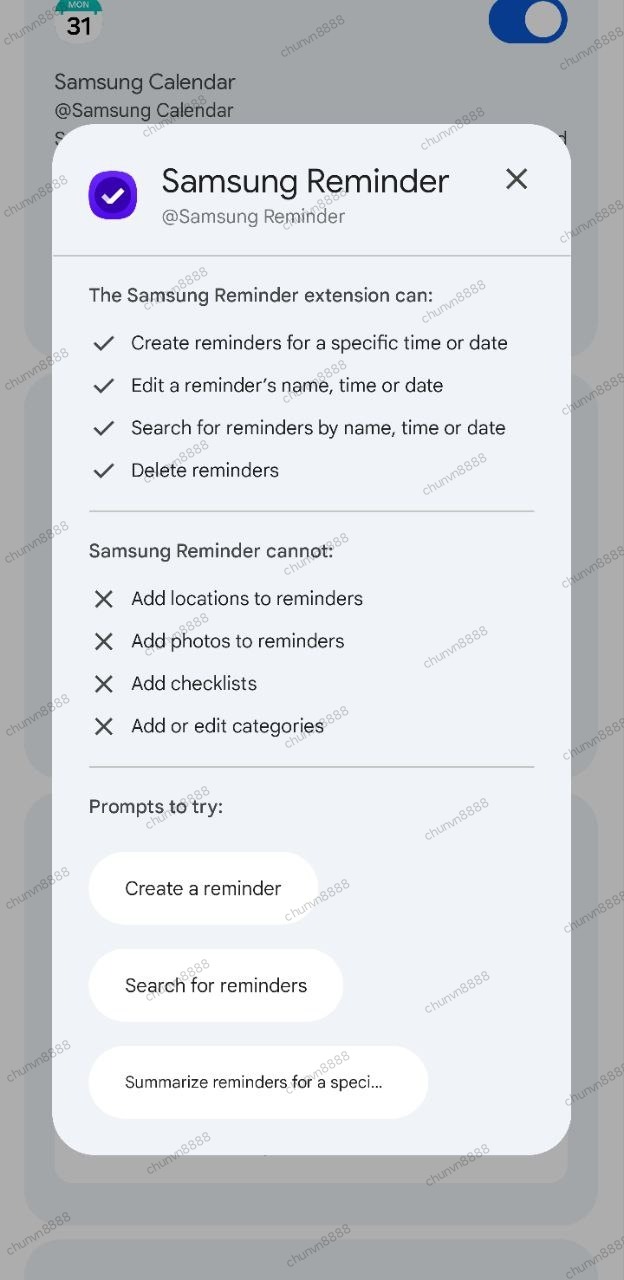 Samsung Reminder Gemini extension leak