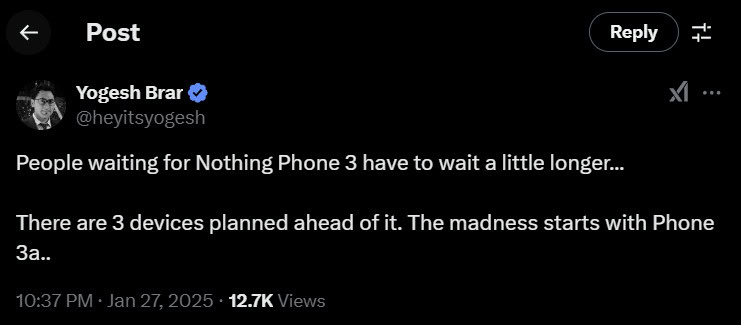 Screenshot of Yogesh Brar's X post about Nothing Phone 3 launch