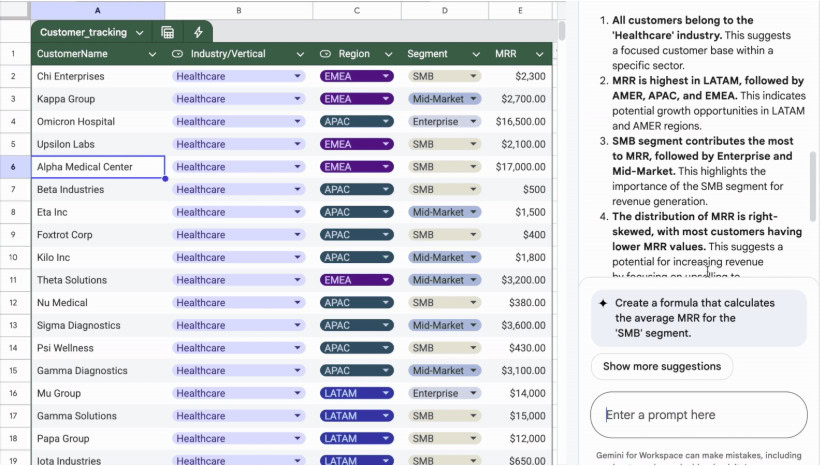 Gemini new features in Google Sheets screenshot