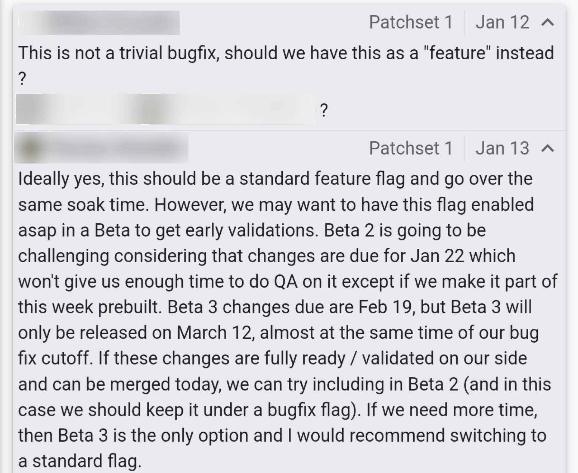 Screenshot of a comment from the Android Gerrit revealing Android 16 beta release dates