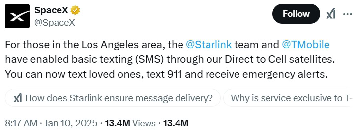 تعمل Starlink وT Mobile على تمكين المراسلة عبر الأقمار الصناعية المباشرة إلى الخلية في لوس أنجلوس