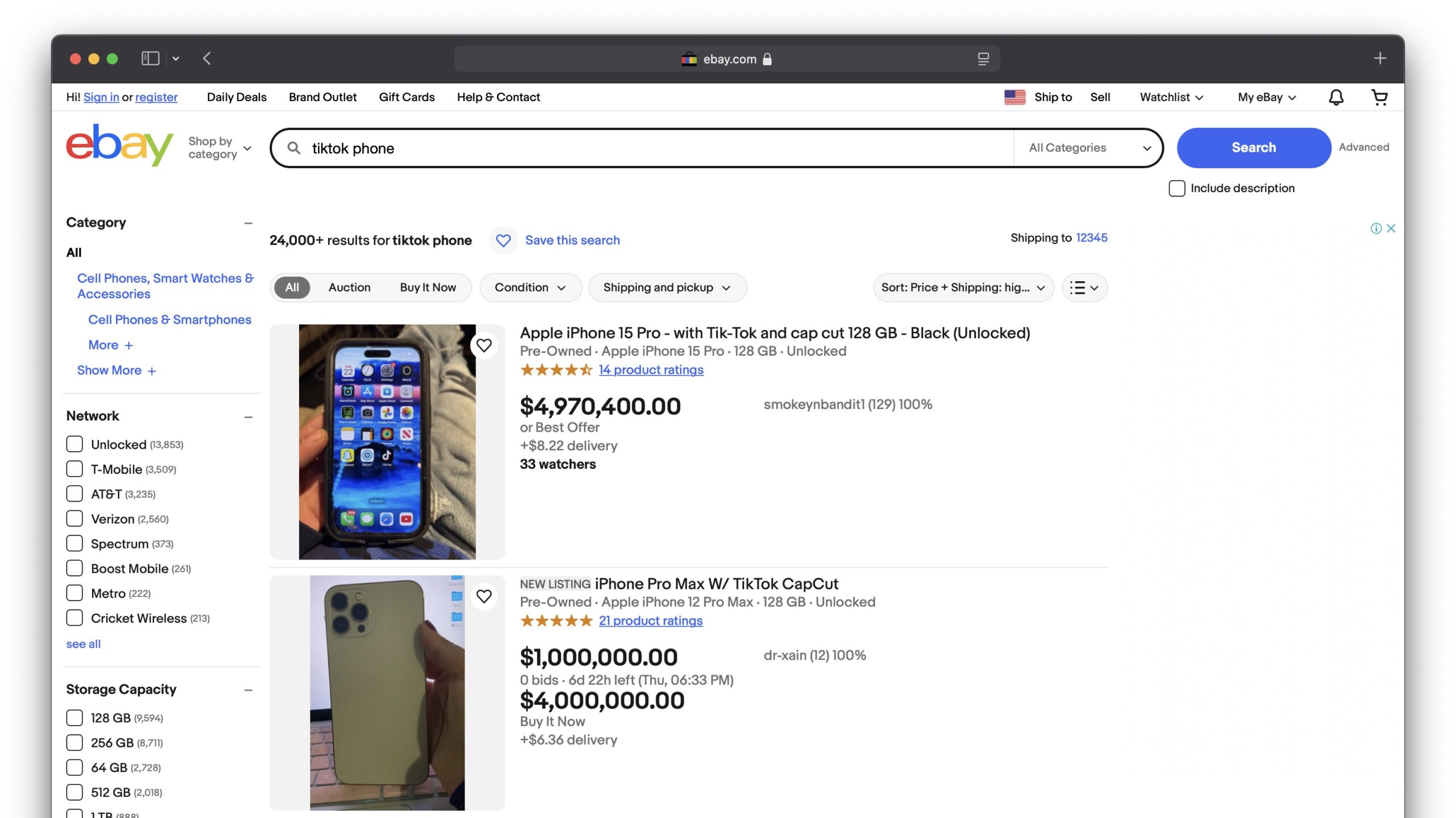 TikTok phone results on eBay