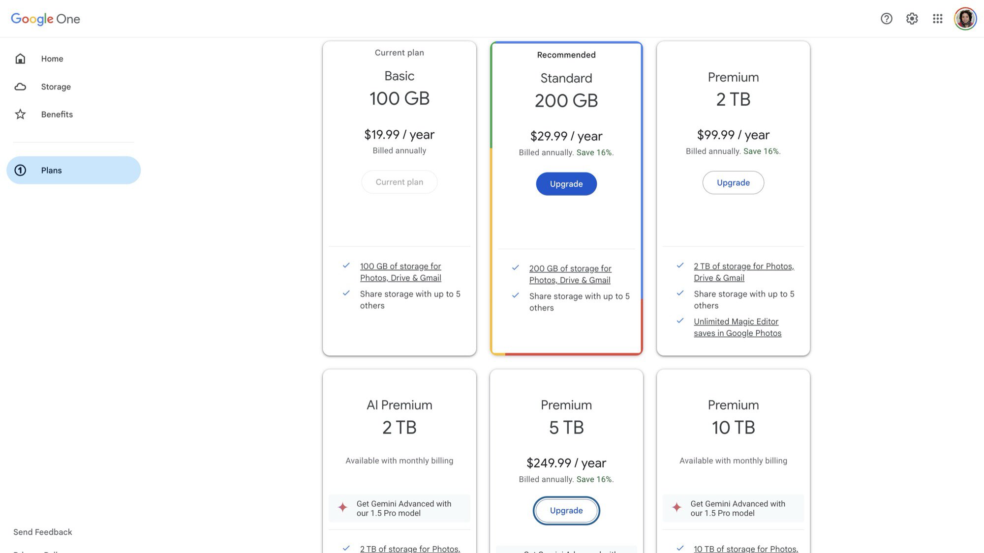 Google One plans price screenshot