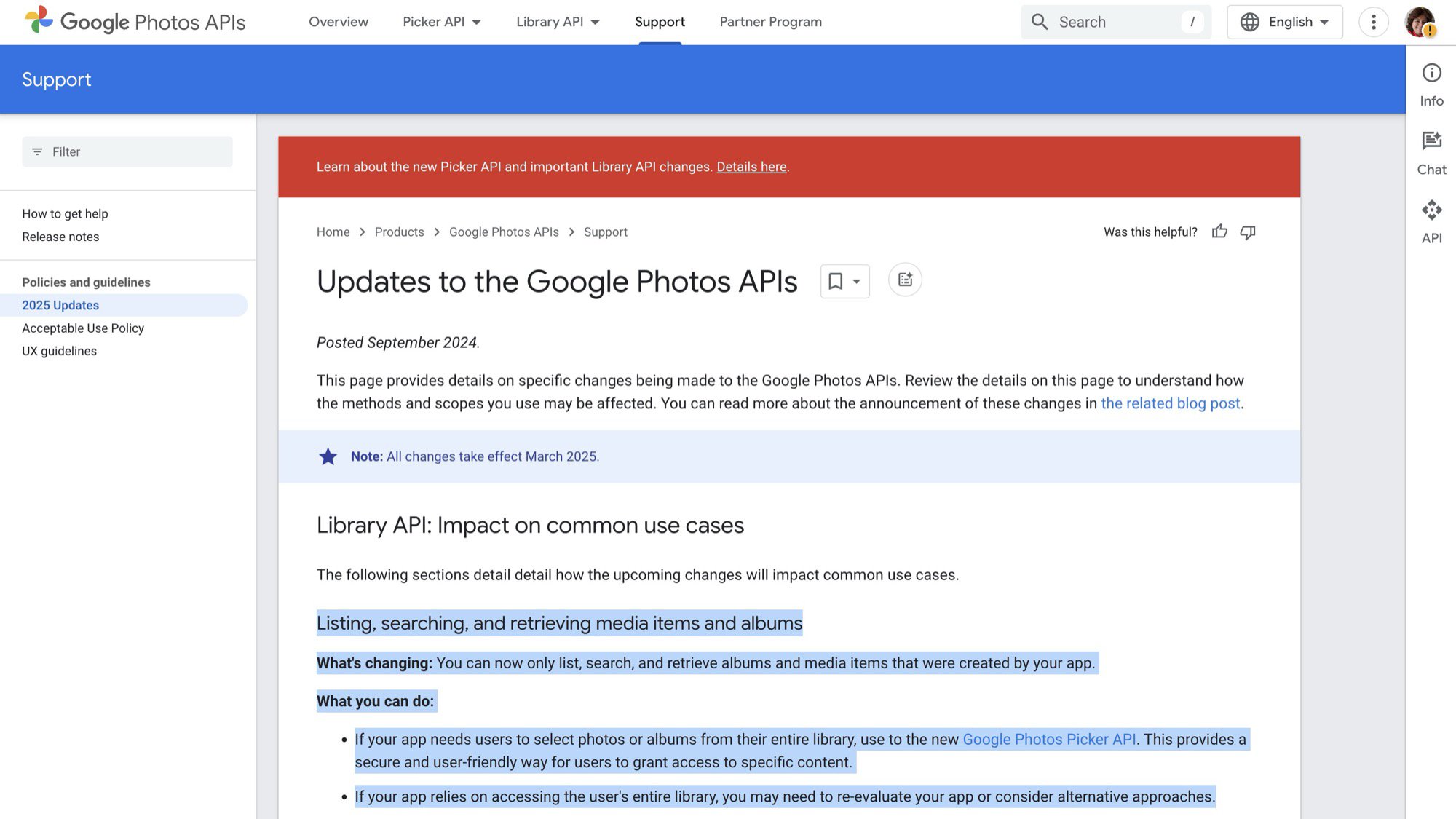 Google Photos API changes with highlighted section for listing photos through third-party apps