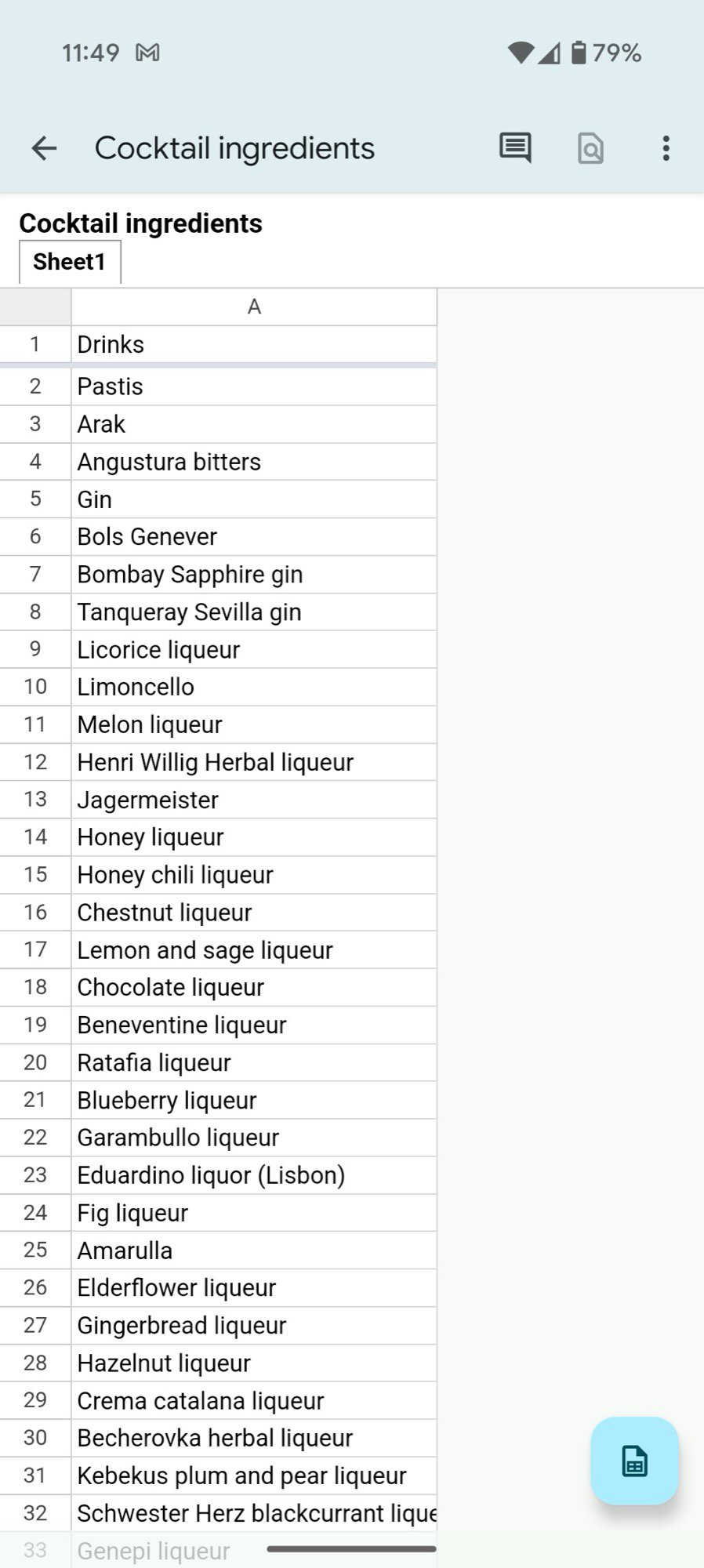 google sheets cocktail ingredients document