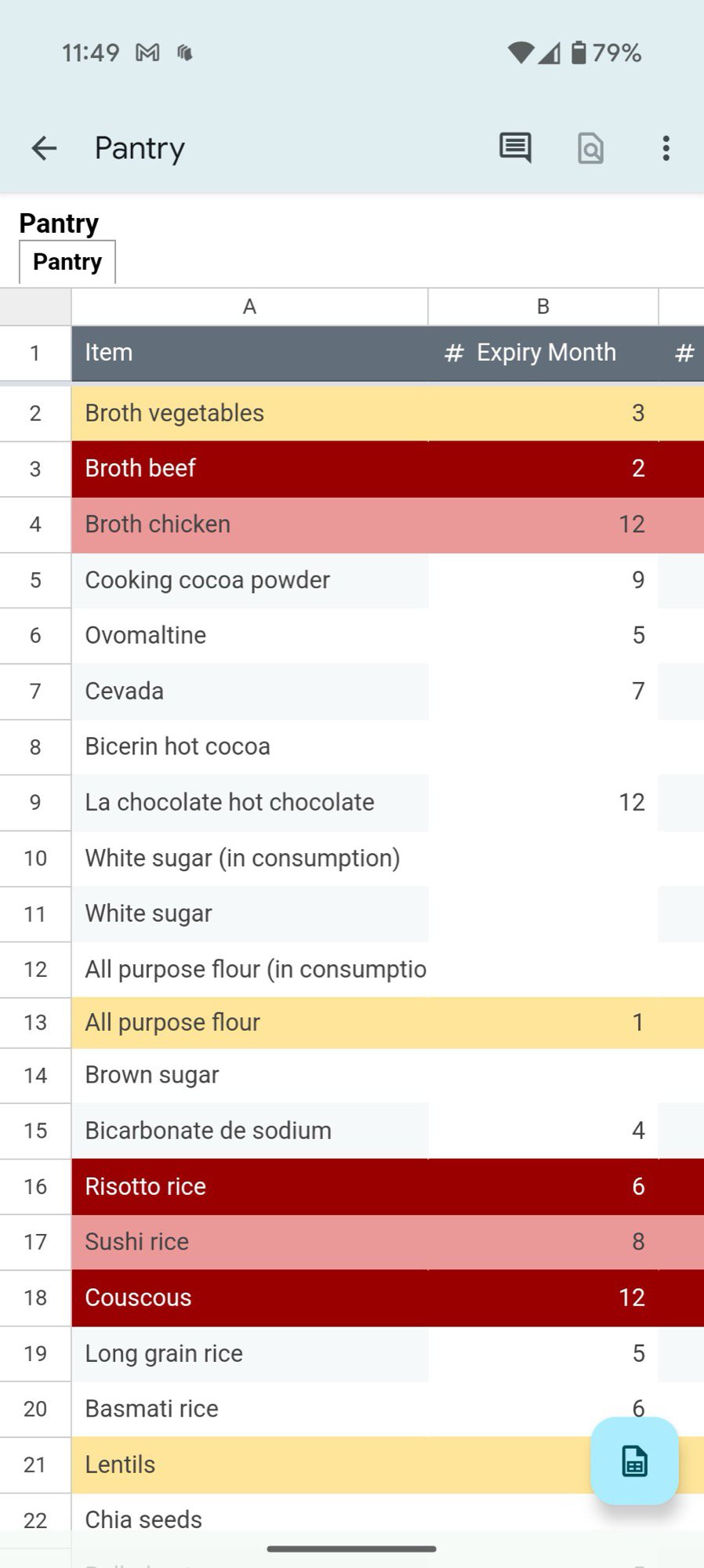 google sheets pantry expiry date document