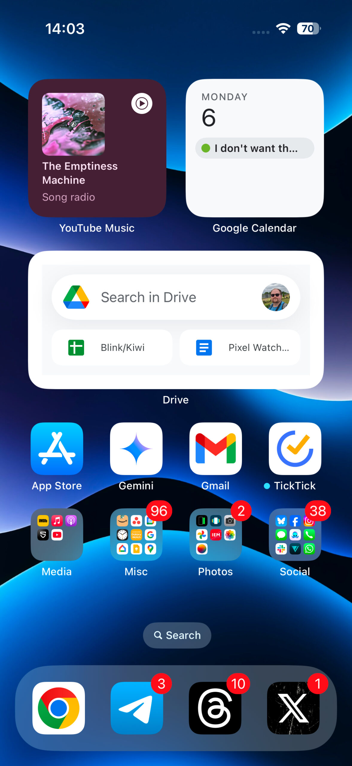 An iOS home screen with Google widgets