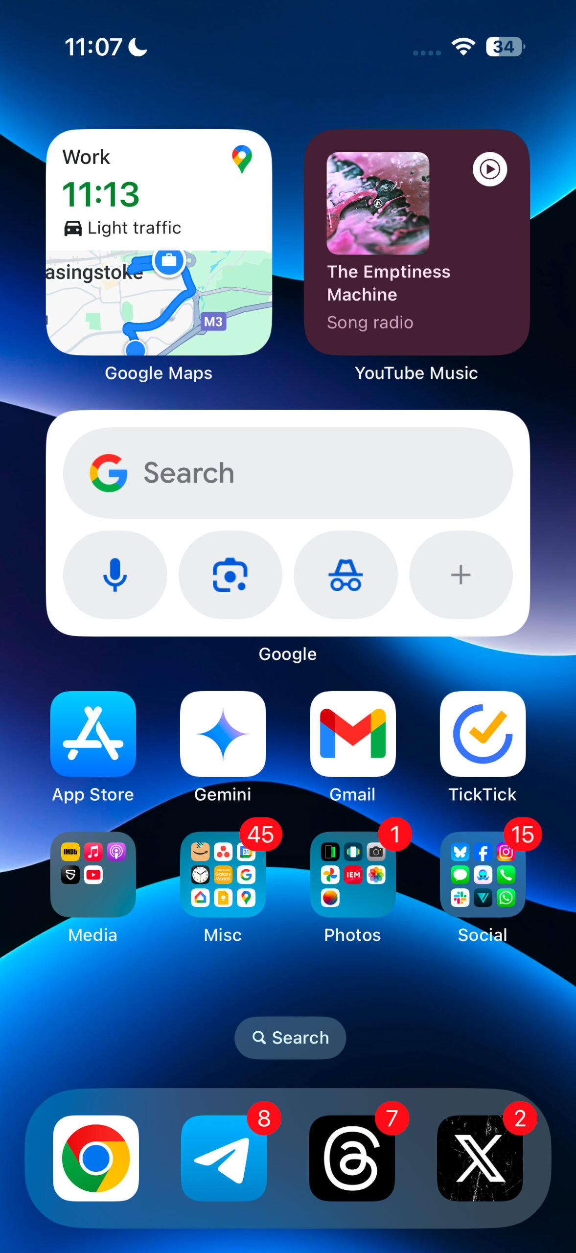 An iOS home screen showcasing Google's widgets