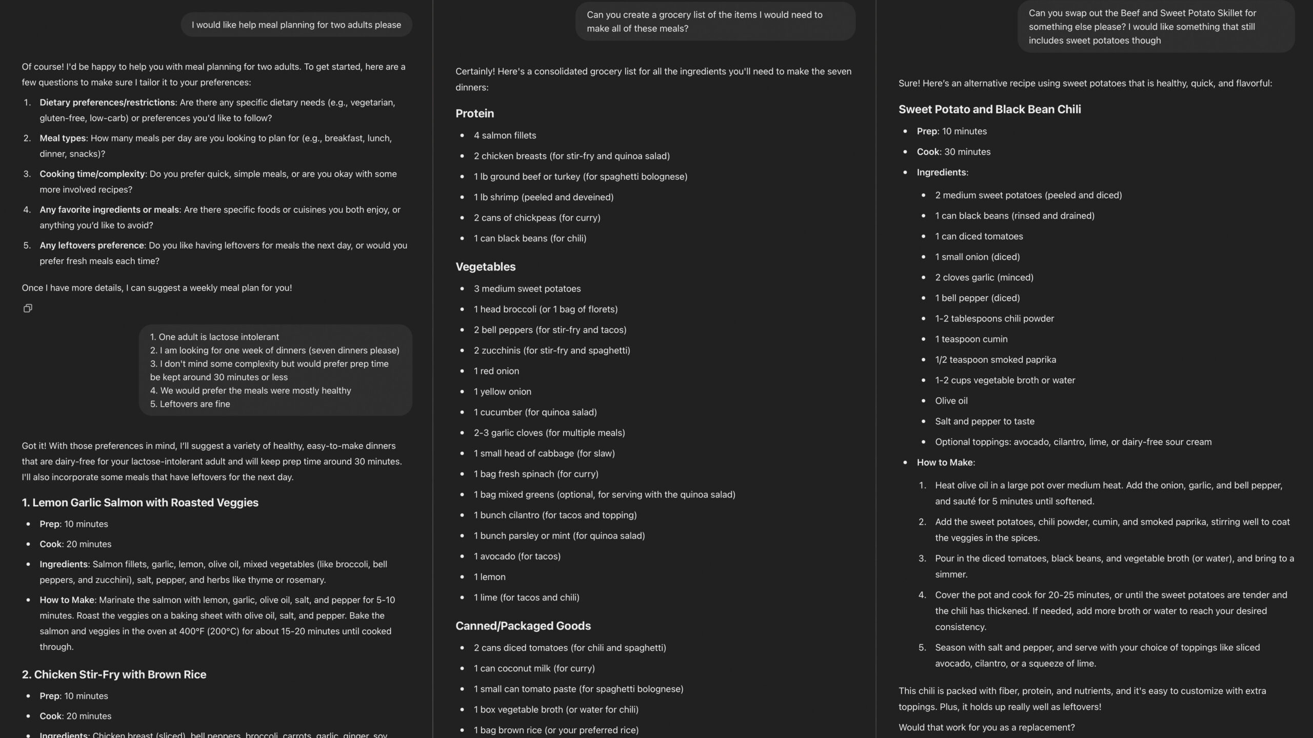 ChatGPT meal plan queries