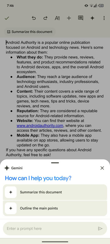 Google Docs Android app gemini