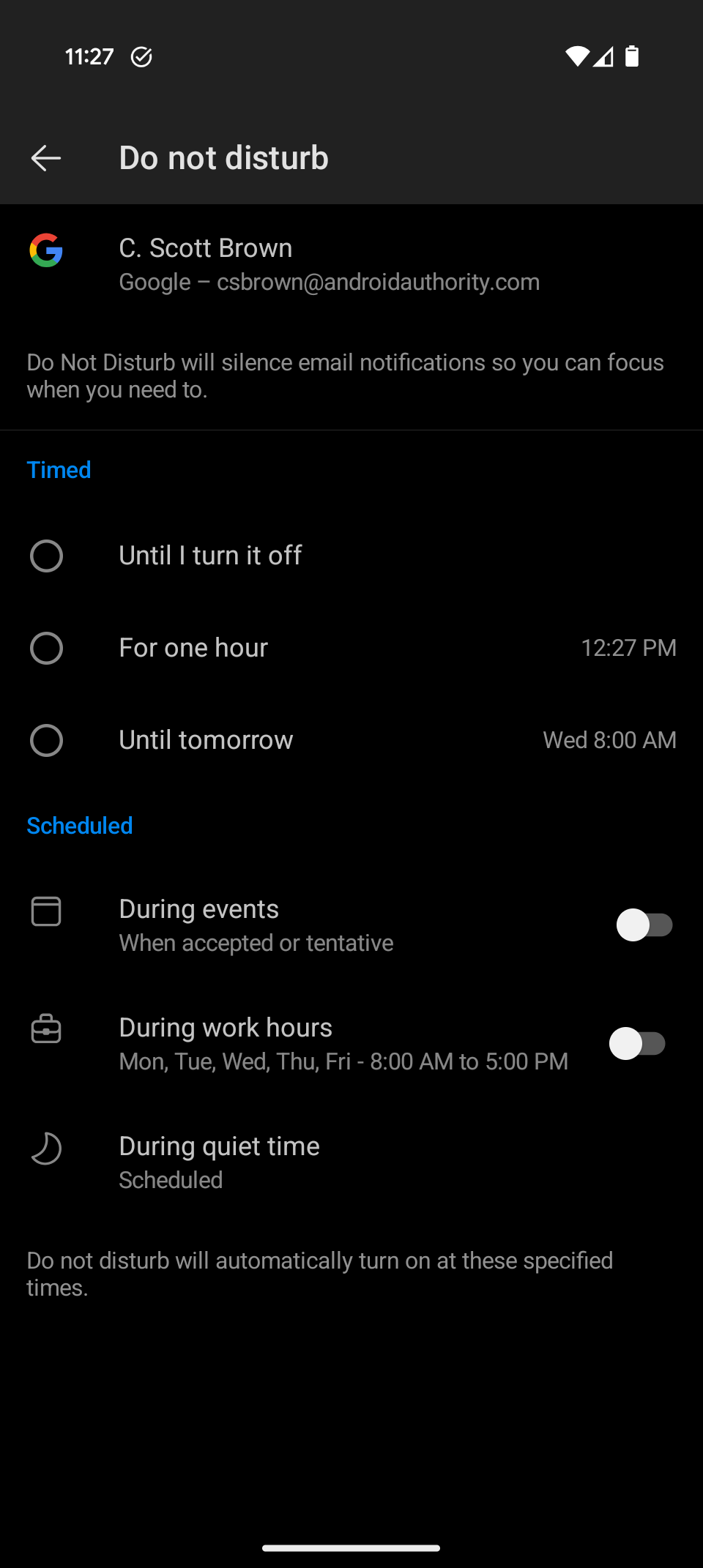 Outlook untuk Jadwal Pemblokiran Pemberitahuan Android untuk Satu Akun