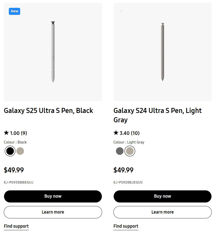 Replacement S Pen prices for the Galaxy S25 Ultra and Galaxy S24 Ultra