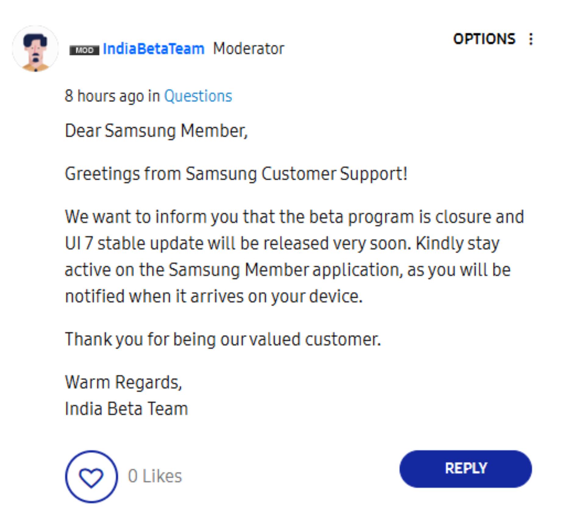 Samsung Community comment about One UI 7 beta program ending