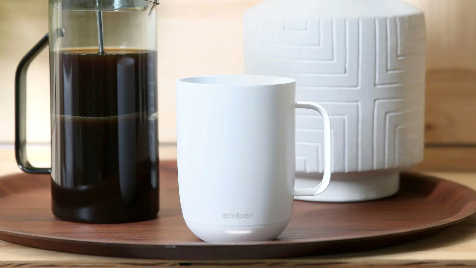 White Ember Mug 2 with french press next to it