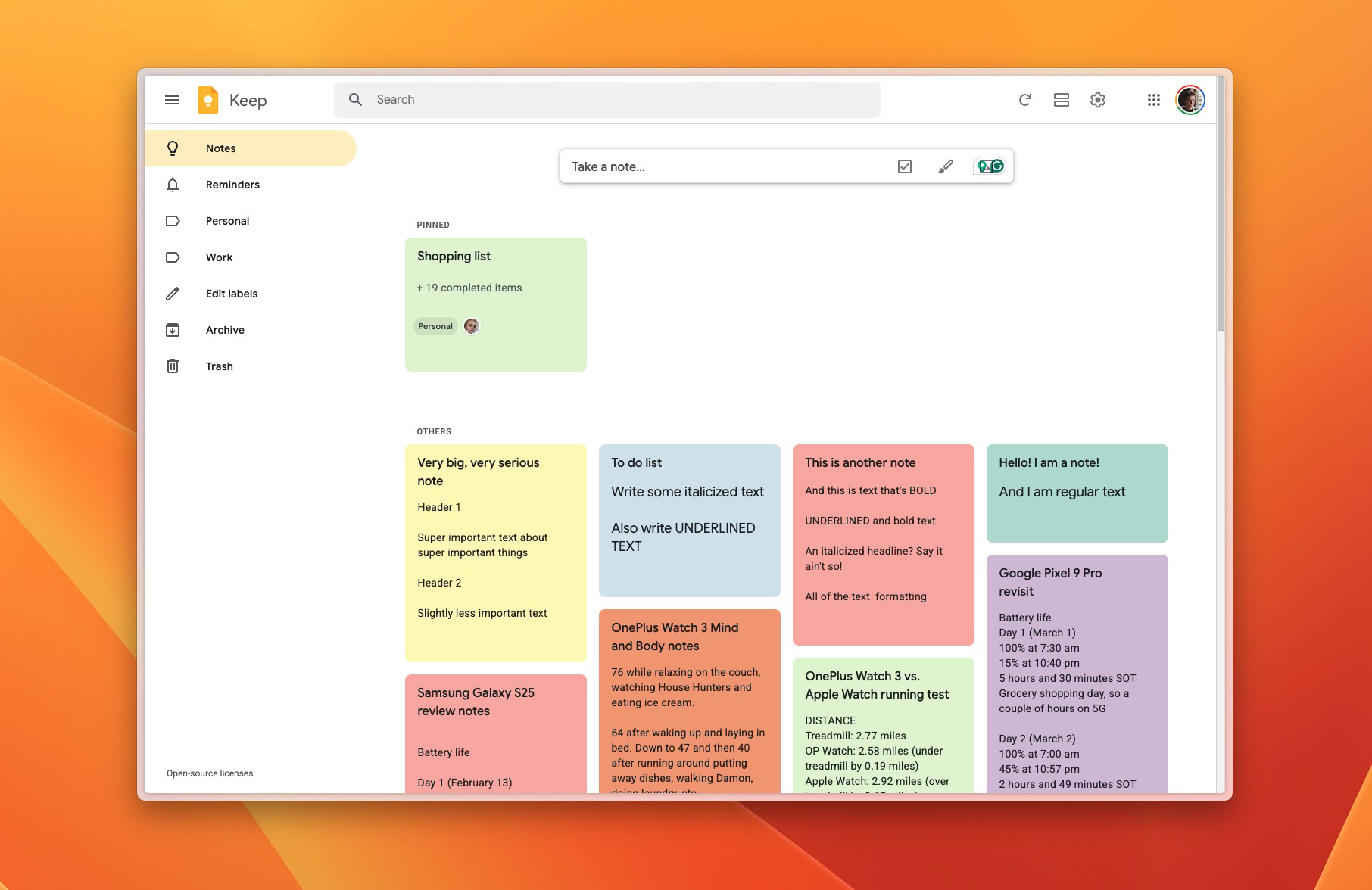 Screenshot of Google Keep desktop site.