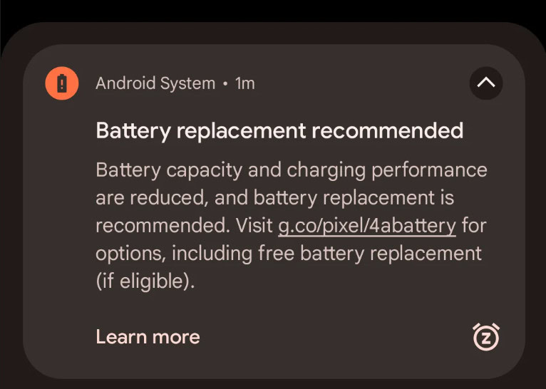 Google Pixel 4A pemberitahuan penggantian baterai