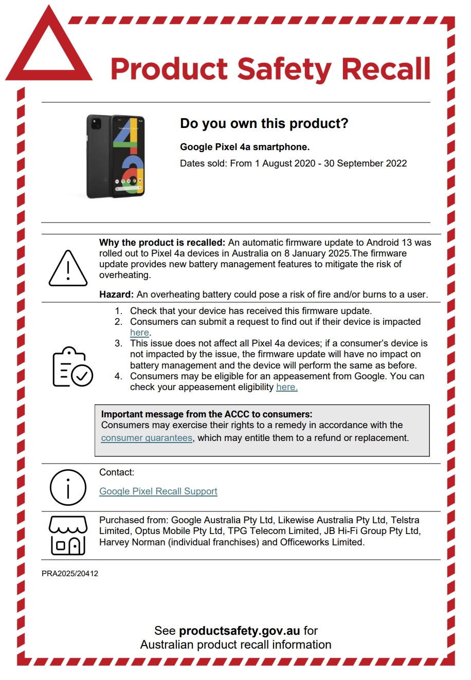 ACCC Pixel 4a recall notice