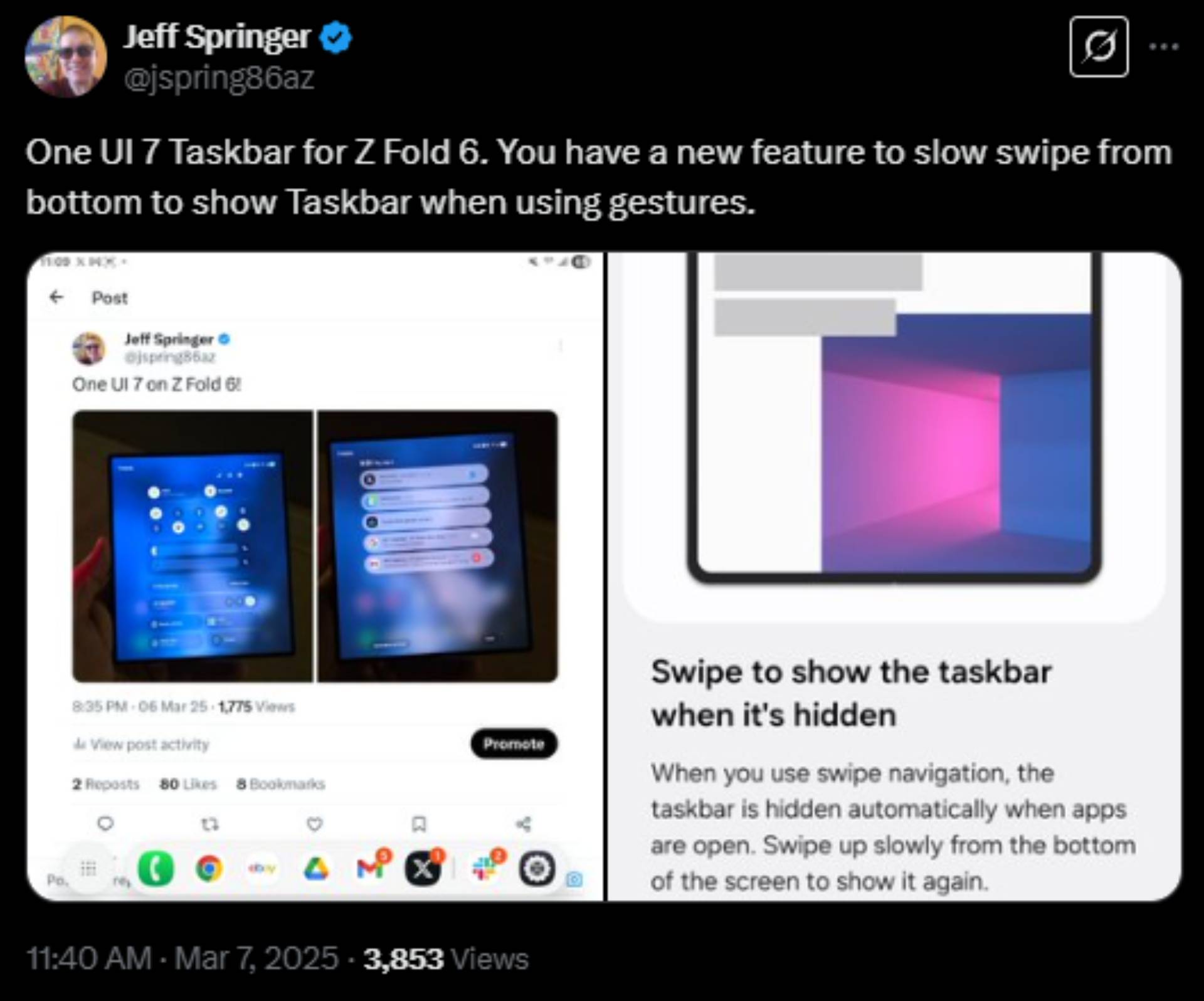 Galaxy Z Fold 6 One UI 7 Taskbar Transien Jeff Springer X