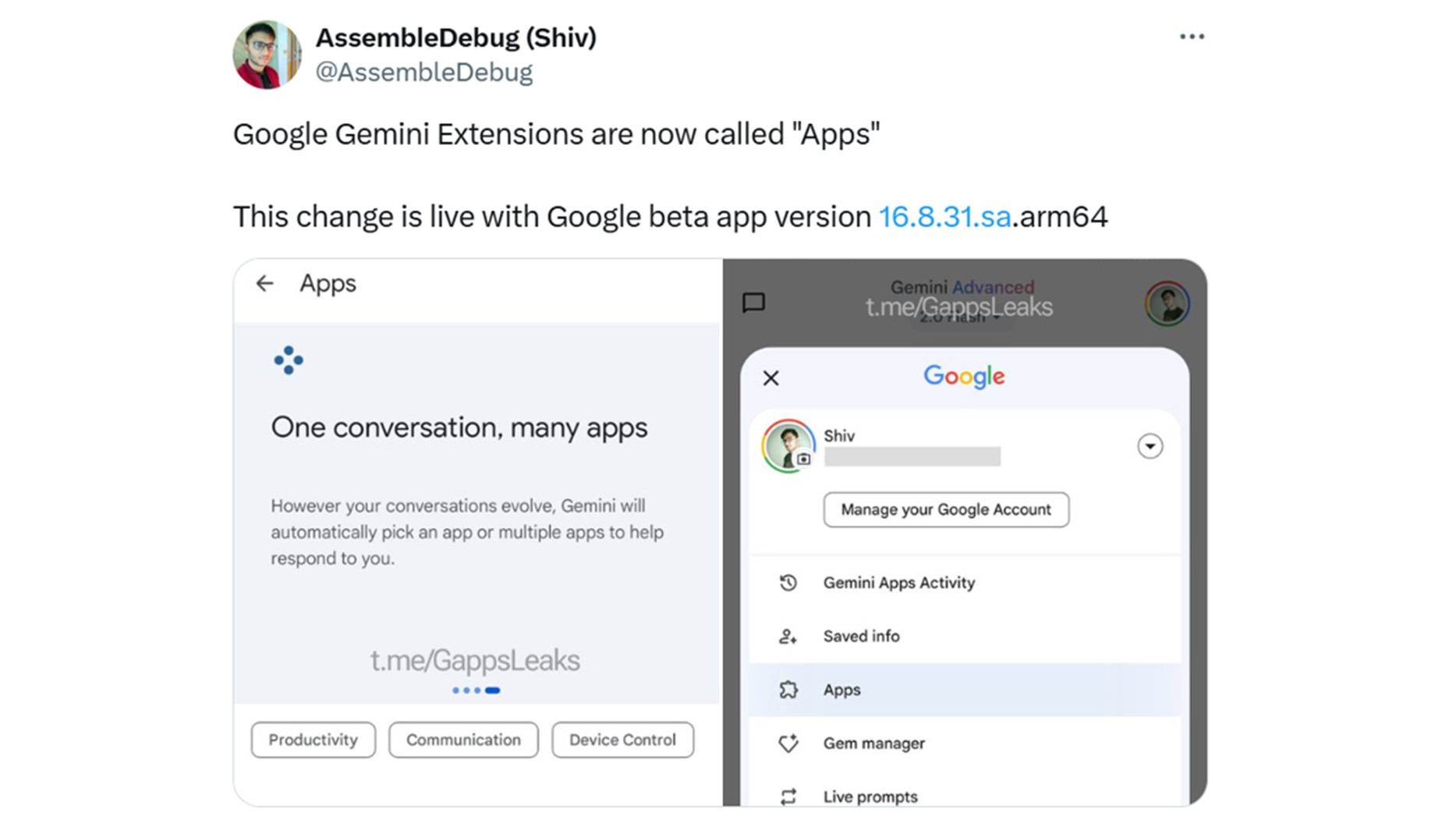 Google Gemini Extensions Aplikasi Rebrand Asssembledebug X Post