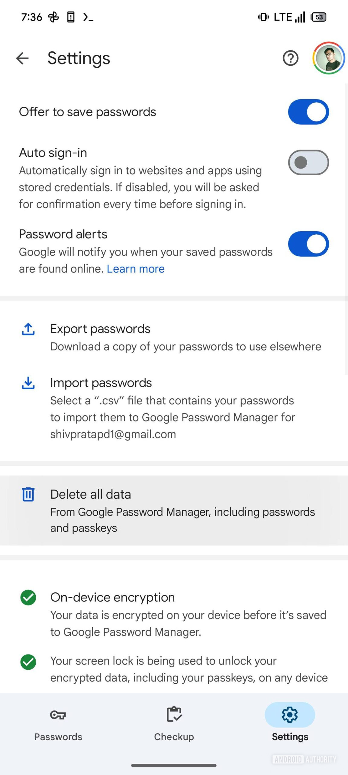 Google Password Manager Delete all data button 1