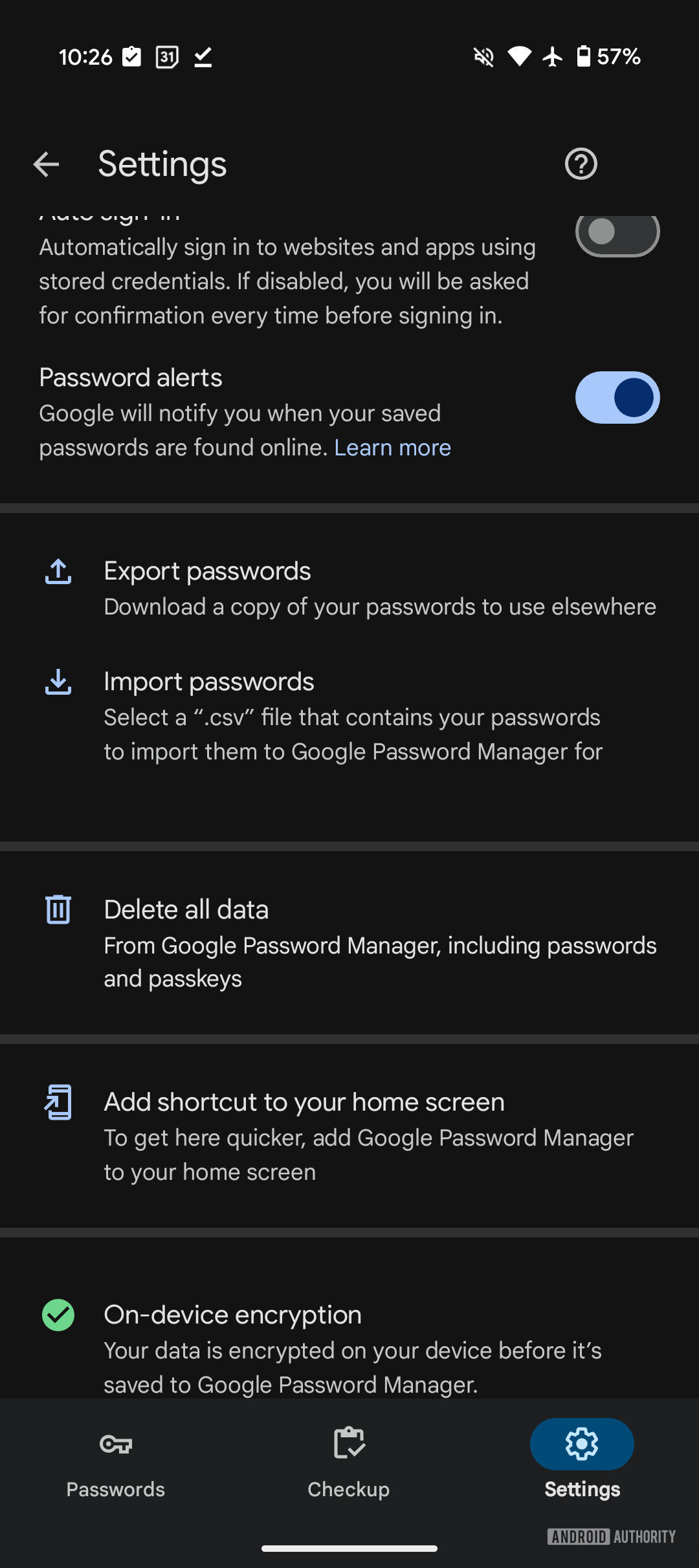 Google Password Manager's delete all data option.