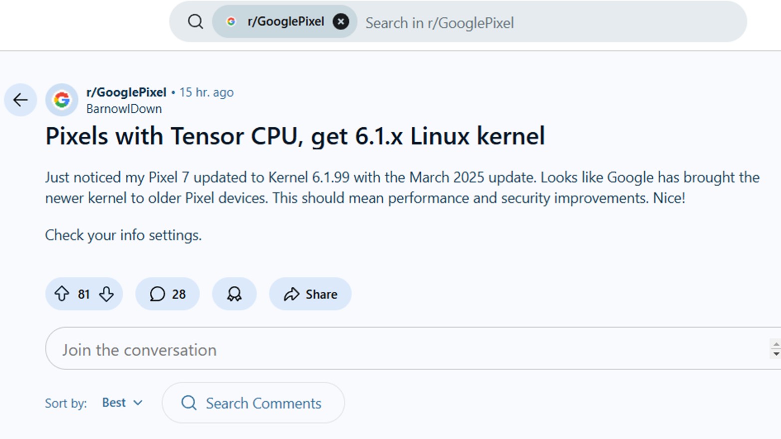 Google Pixel Linux Kernel Update March 2025 Reddit Post