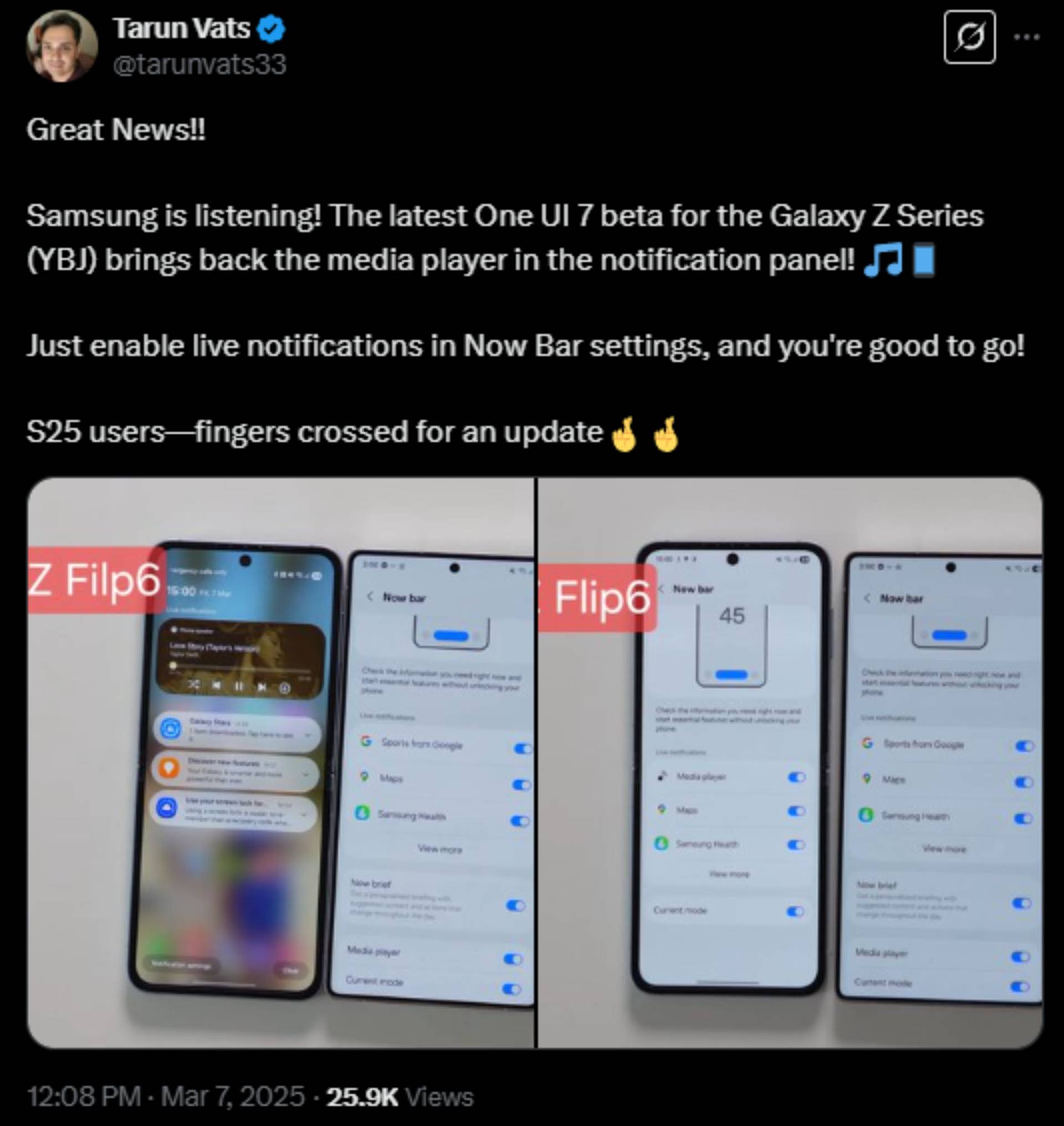 One UI 7 media controls in notifications shade Tarun Vats X